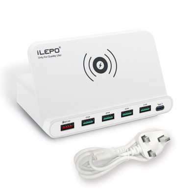 iLepo 60W USB C Charger 10W Wireless Charger and QC 3.0 5-Port USB output 5V~2.4A Fast Charging Stations with 5V 3A Type C Port